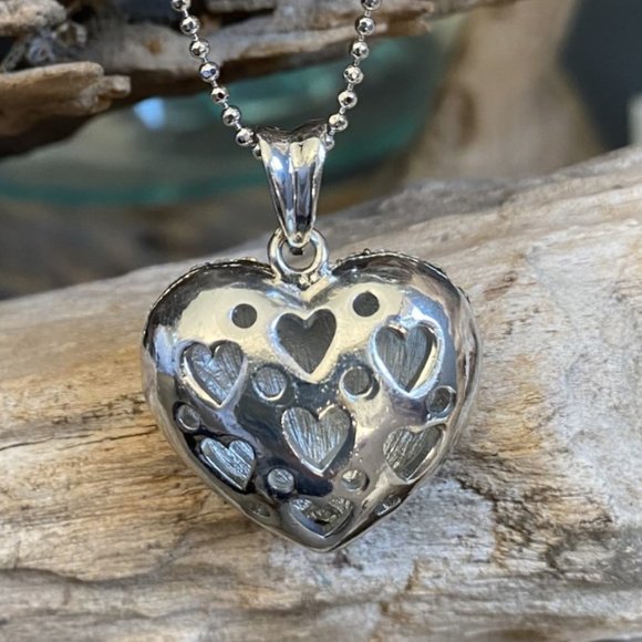 New Silver Heart Chain and Pendant Necklace W/Pave -Reversable - Picture 4 of 6